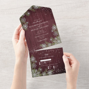 Rustic Burgundy Silver Winter Wood Wedding +Menu All In One Invitation