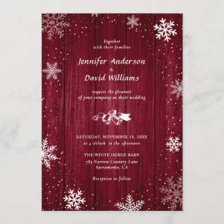 Rustic Burgundy Snowflake Winter Wedding Invitation