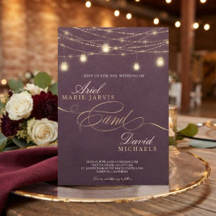 Rustic Burgundy String Lights Romantic Wedding Invitation