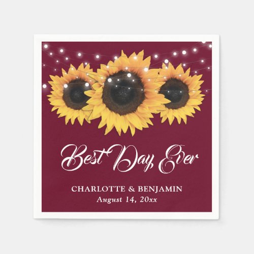 Rustic Burgundy String Lights Sunflower Wedding Napkins