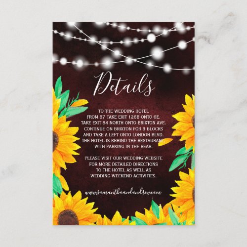 Rustic burgundy string lights sunflowers details enclosure card