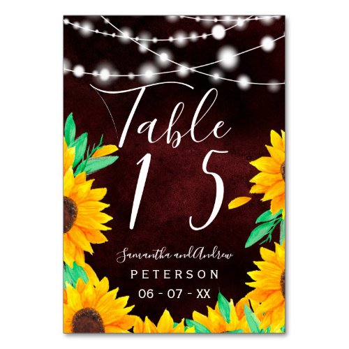 Rustic burgundy string lights sunflowers  table table number