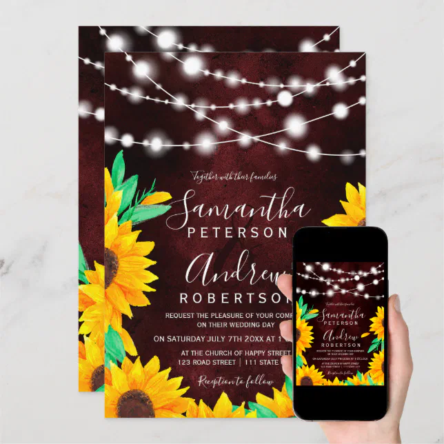 Rustic Burgundy String Lights Sunflowers Wedding Invitation Zazzle