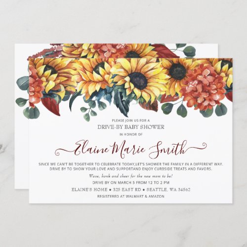 Rustic Burgundy Sunflower Drive Thru Baby Shower Invitation