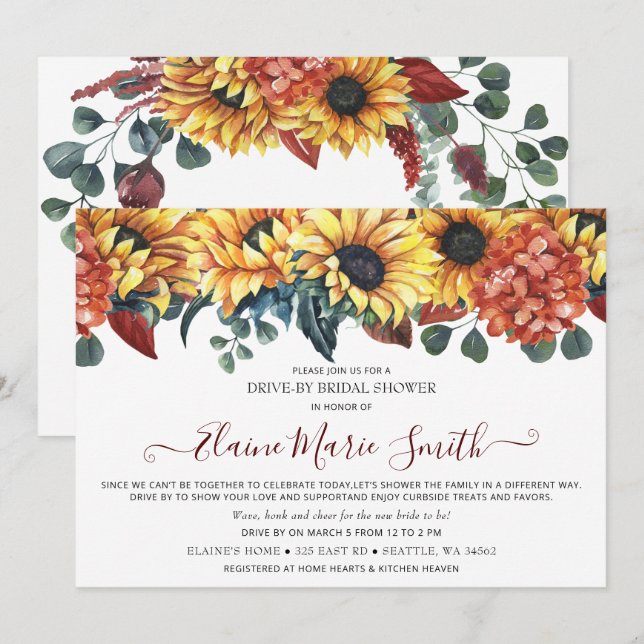 Rustic Burgundy Sunflower Drive Thru Bridal Shower Invitation (Front/Back)