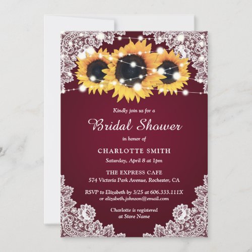 Rustic Burgundy Sunflower Lace Bridal Shower Invitation