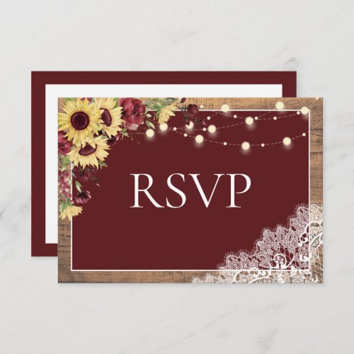 Rustic Burgundy Sunflower Lace Wood Wedding RSVP Card