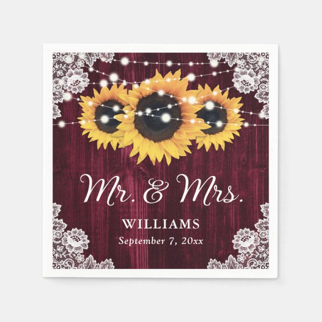 Rustic Burgundy Sunflower Mr and Mrs Wedding Napkins (Front)