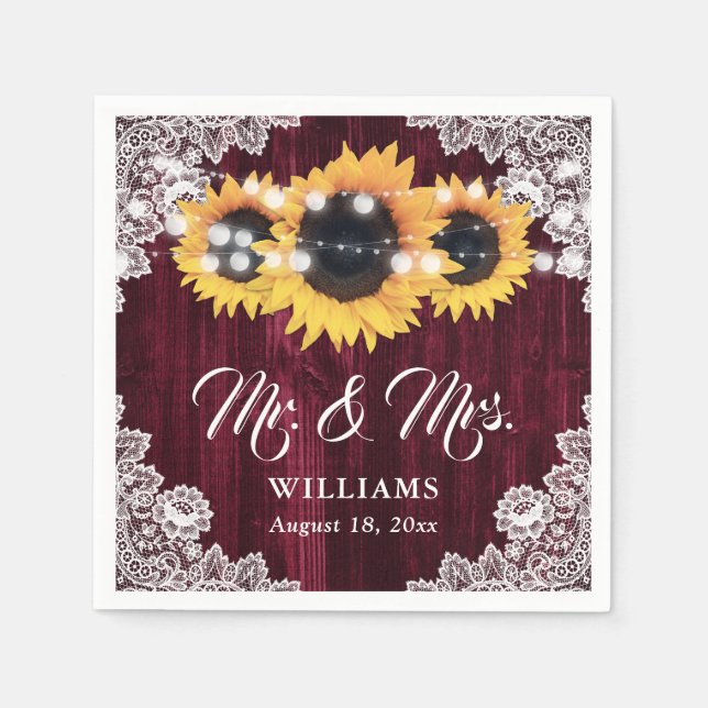 Rustic Burgundy Sunflower Mr and Mrs Wedding Napkins (Front)