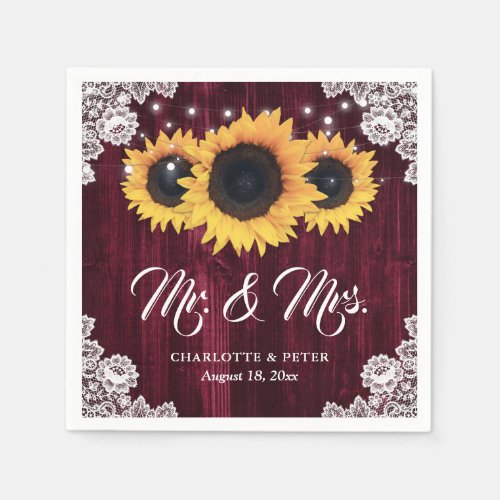 Rustic Burgundy Sunflower Mr and Mrs Wedding Napkins