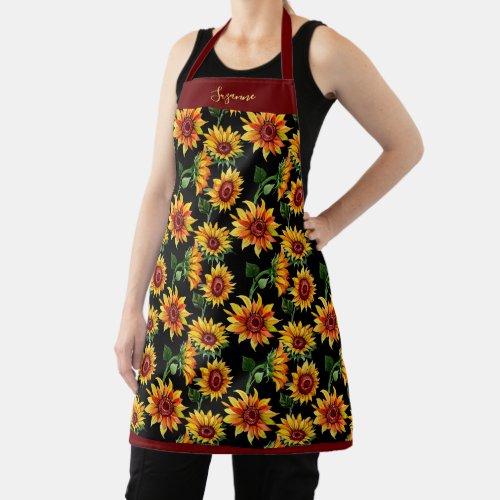 Rustic Burgundy Sunflower Personalized Fall Floral Apron