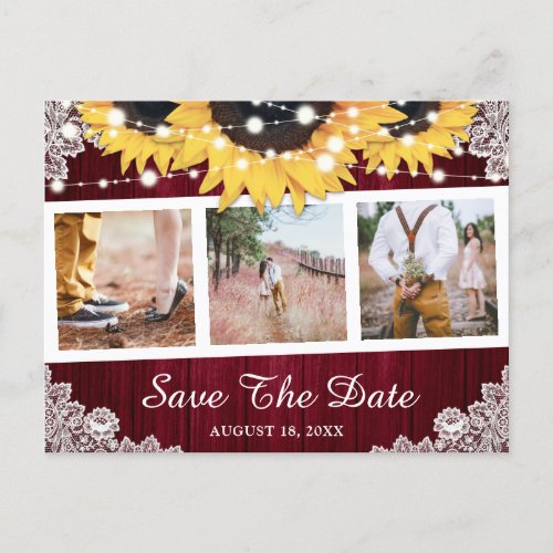 Rustic Burgundy Sunflower Photo Save The Date Announcement Postcard