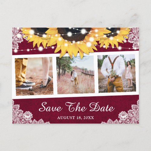 Rustic Burgundy Sunflower Photo Save The Date Announcement Postcard