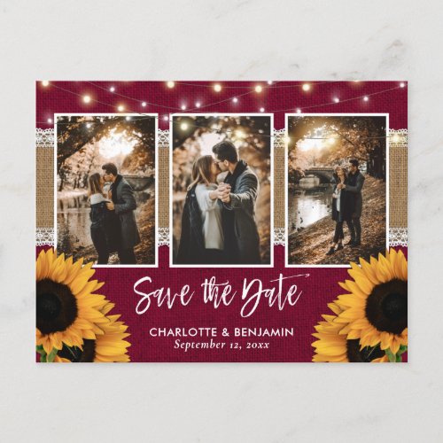 Rustic Burgundy Sunflower Photo Save The Date Announcement Postcard