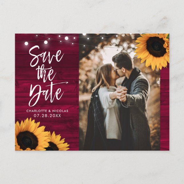 Rustic Burgundy Sunflower Photo Save The Date Postcard (Front)