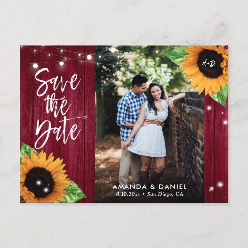 Rustic Burgundy Sunflower Save The Date Postcard