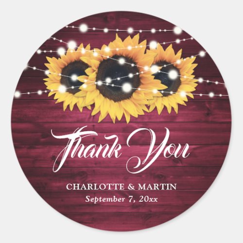 Rustic Burgundy Sunflower Thank You Wedding Favor Classic Round Sticker