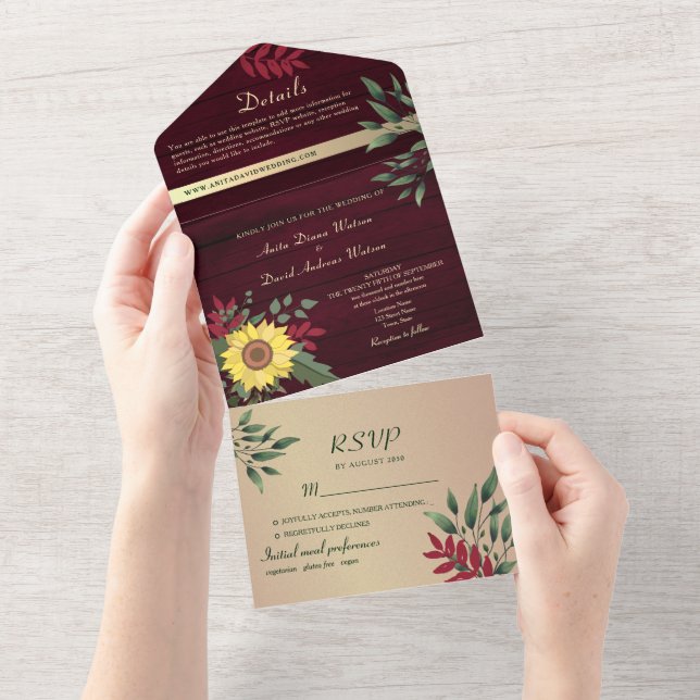 Rustic Burgundy Sunflower Wedding All In One Invitation (Tearaway)