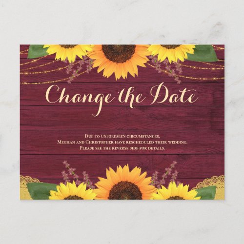 Rustic Burgundy Sunflower Wedding Change the Date Announcement Postcard