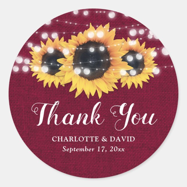 Rustic Burgundy Sunflower Wedding Favor Classic Round Sticker (Front)