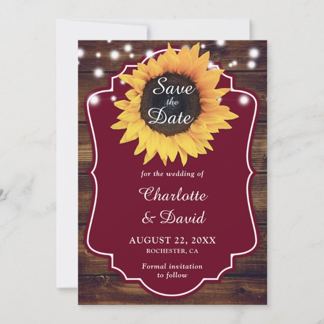 Rustic Burgundy Sunflower Wedding Save The Date (Front)
