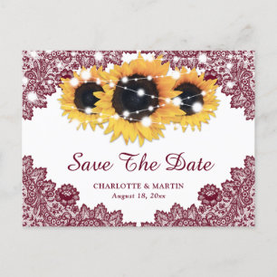 Rustic Burgundy Sunflower Wedding Save The Date Announcement Postcard