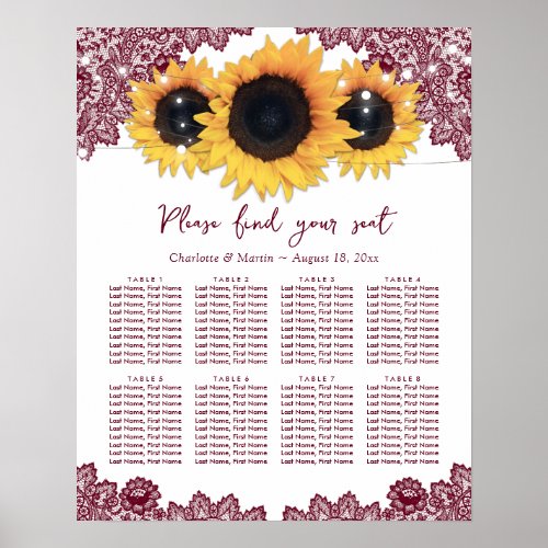 Rustic Burgundy Sunflower Wedding Seating Chart 8