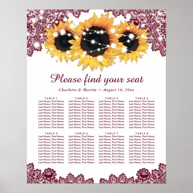 Rustic Burgundy Sunflower Wedding Seating Chart 8 (Front)