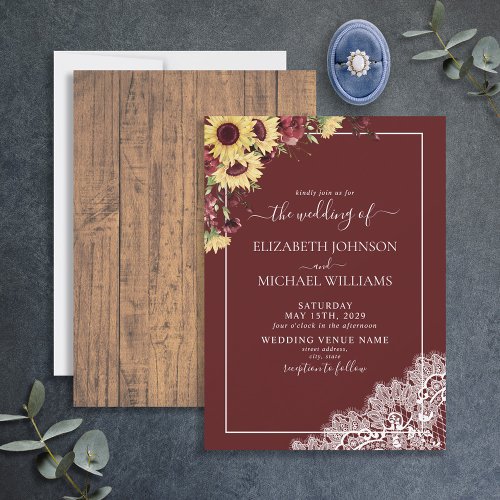 Rustic Burgundy Sunflower Wood Script Wedding Invitation