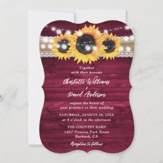 Rustic Burgundy Sunflower Wood Wedding Invitation