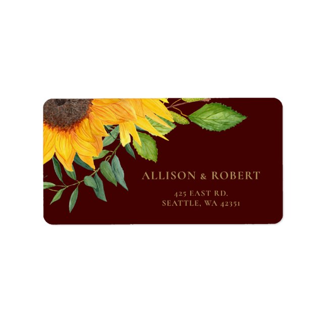 Rustic Burgundy Sunflowers Wedding Label (Front)