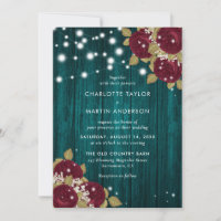 Rustic Burgundy Teal Wood Lights Floral Wedding