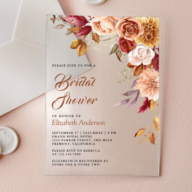 Rustic Burgundy Terracotta Floral Bridal Shower Acrylic Invitations (Creator Uploaded)