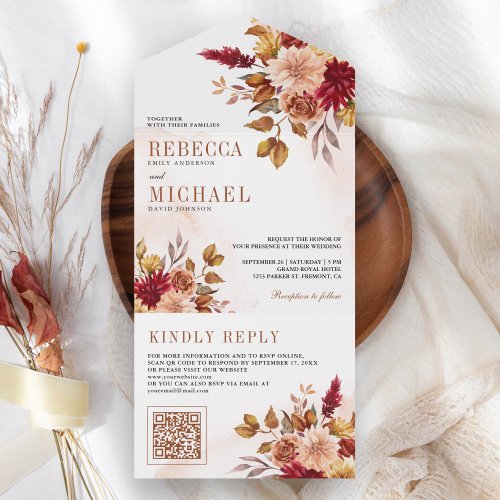 Rustic Burgundy Terracotta Floral QR Code Wedding All In One Invitation