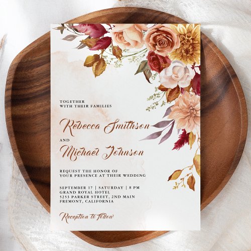 Rustic Burgundy Terracotta Floral QR Code Wedding Invitation