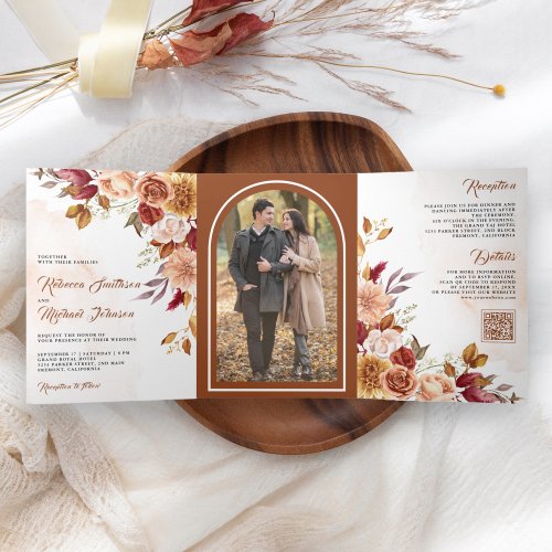 Rustic Burgundy Terracotta Floral QR Code Wedding Tri_Fold Invitation