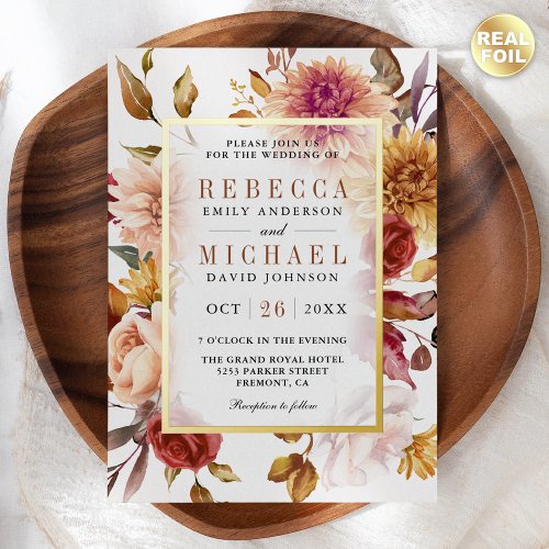 Rustic Burgundy Terracotta Floral Wedding Gold Foil Invitation