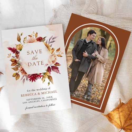 Rustic Burgundy Terracotta Floral Wedding Photo Save The Date