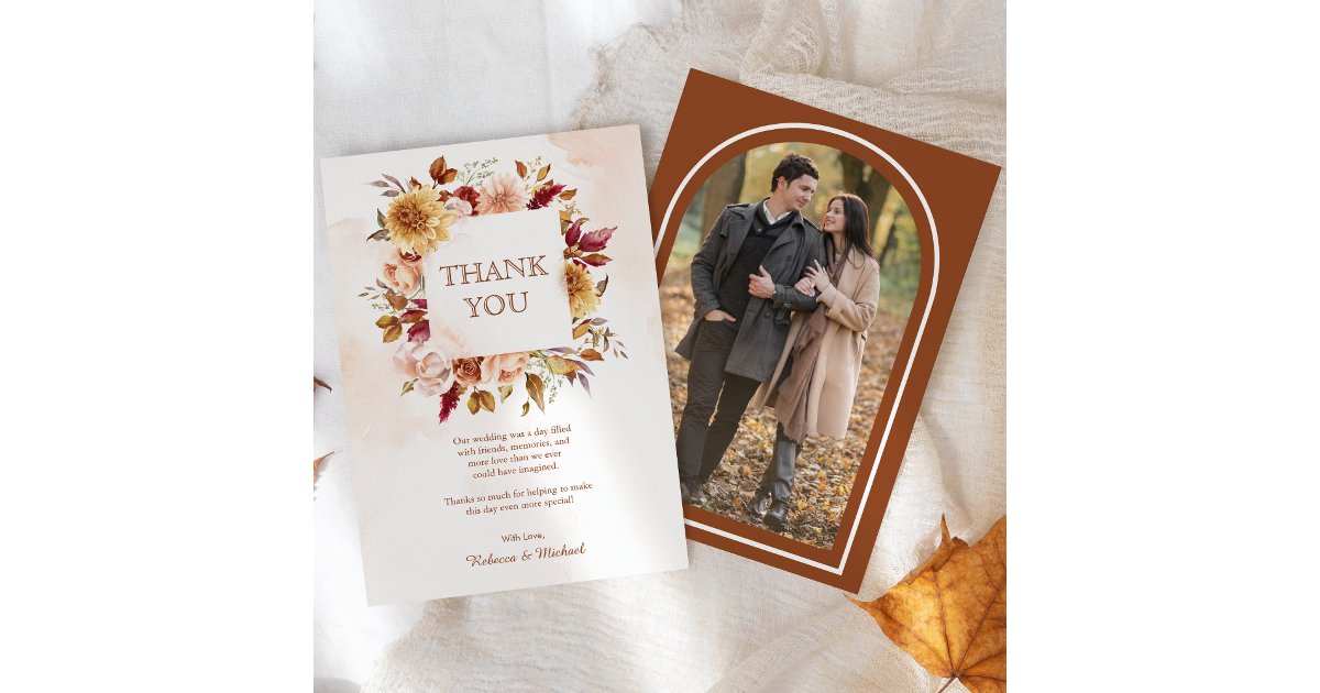 Rustic Burgundy Terracotta Floral Wedding Photo Thank You Card | Zazzle