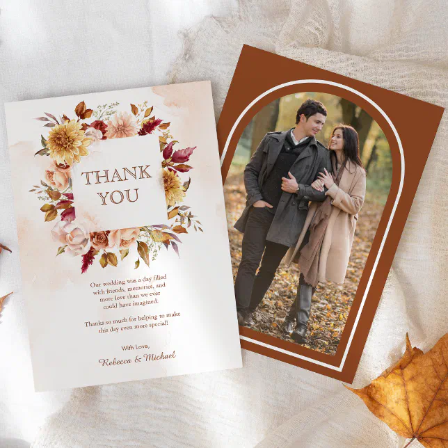 Rustic Burgundy Terracotta Floral Wedding Photo Thank You Card | Zazzle