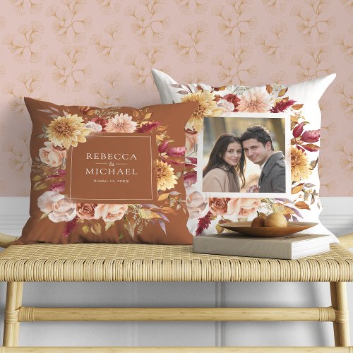 Rustic Burgundy Terracotta Floral Wedding Photo Throw Pillow