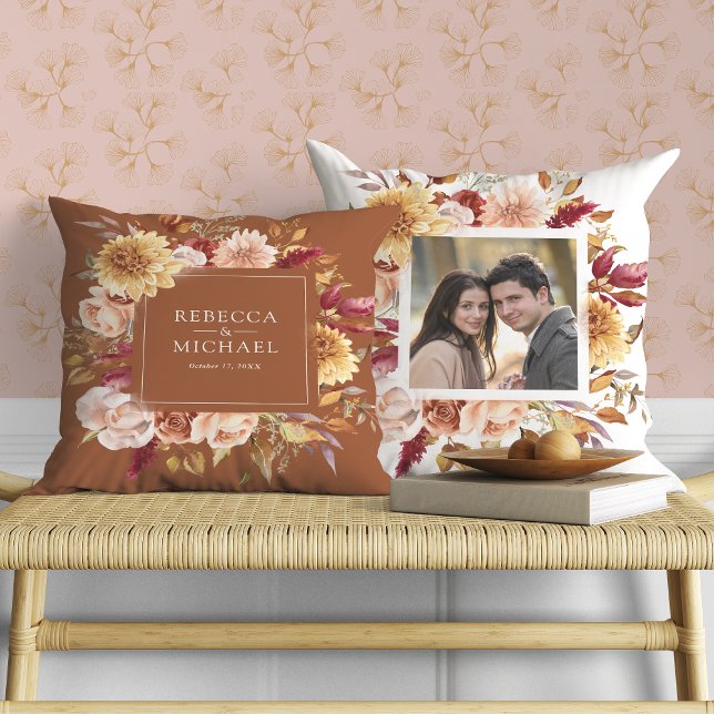 Rustic Burgundy Terracotta Floral Wedding Photo Throw Pillow (Creator Uploaded)