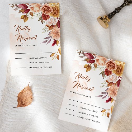 Rustic Burgundy Terracotta Floral Wedding RSVP Card