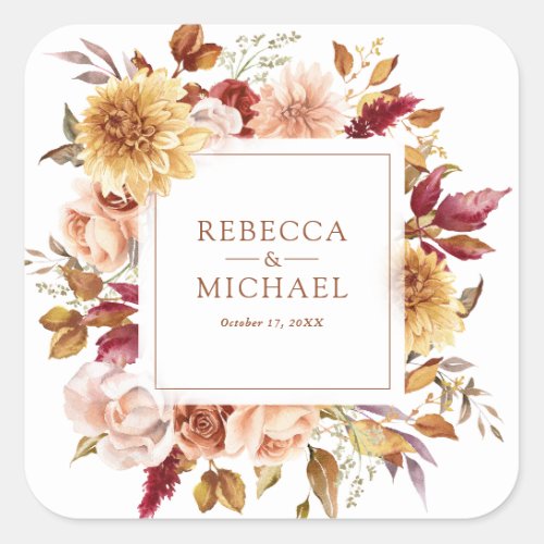Rustic Burgundy Terracotta Floral Wedding Square Sticker