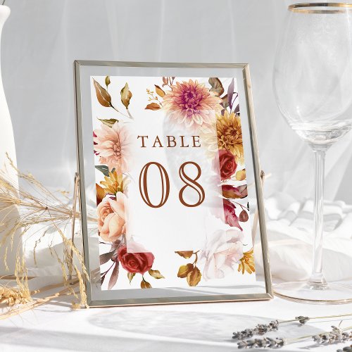 Rustic Burgundy Terracotta Floral Wedding Table Number