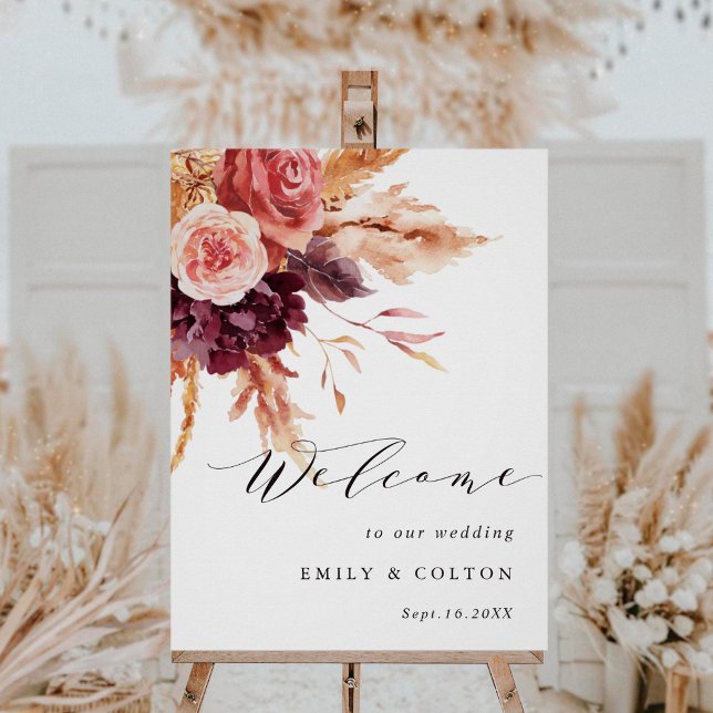 Rustic Burgundy Terracotta Floral Wedding Welcome Foam Board (Creator Uploaded)