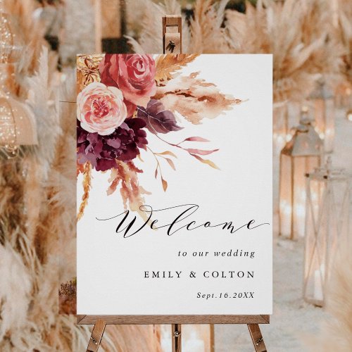 Rustic Burgundy Terracotta Floral Wedding Welcome  Poster