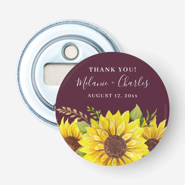 Rustic Burgundy Thank You Sunflower Couple Names Bottle Opener (Front)