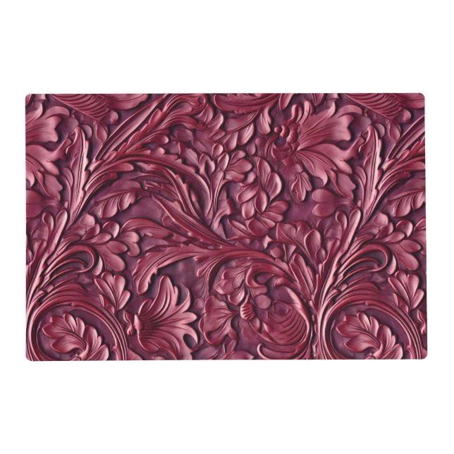 Rustic burgundy tooled leather floral placemat (Front)