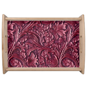 Rustic burgundy tooled leather floral serving tray